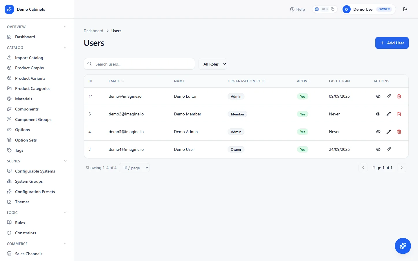 The Users page listing team members, each with an Owner, Admin or Member role