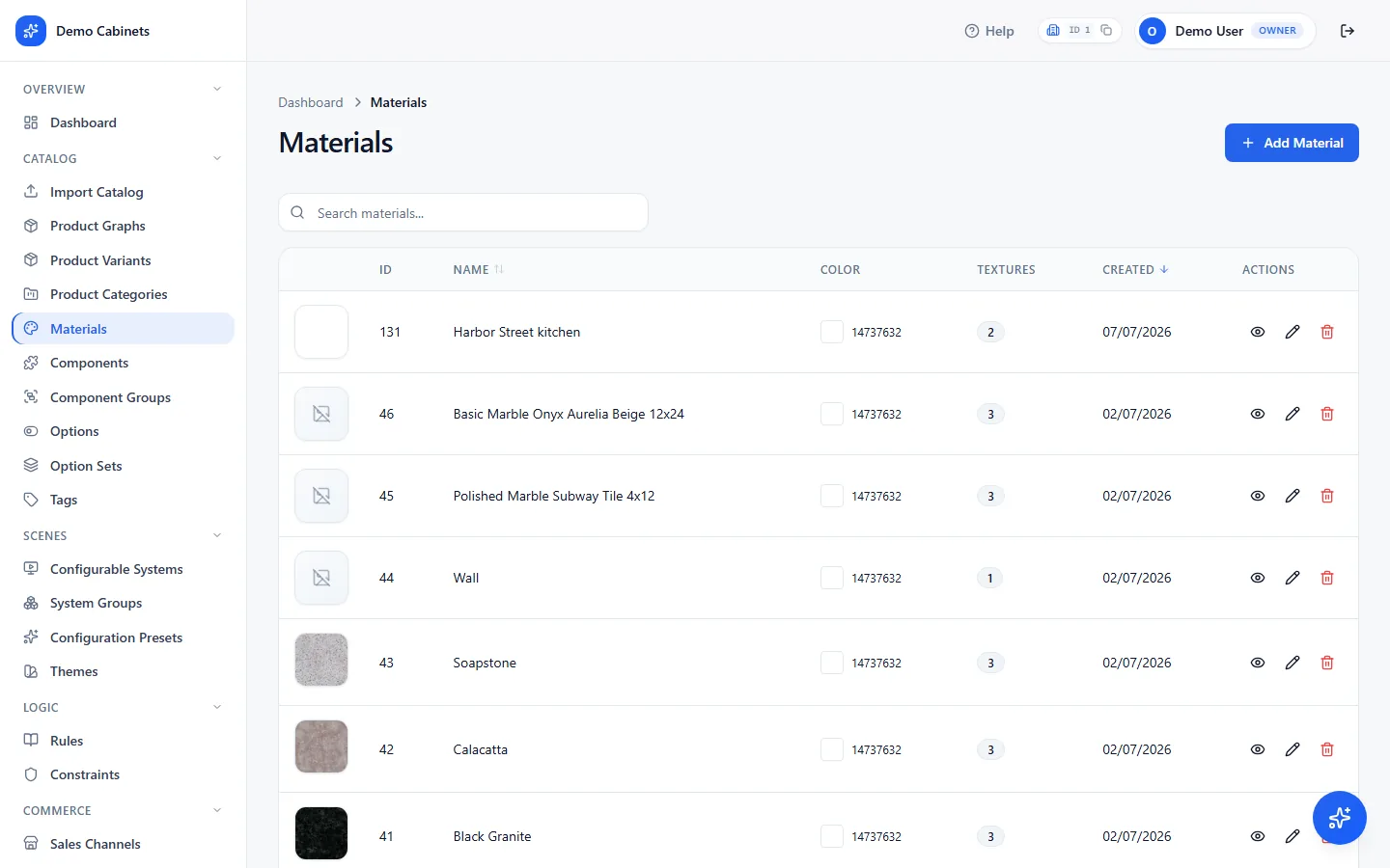The Materials list with a thumbnail, name and type for each material