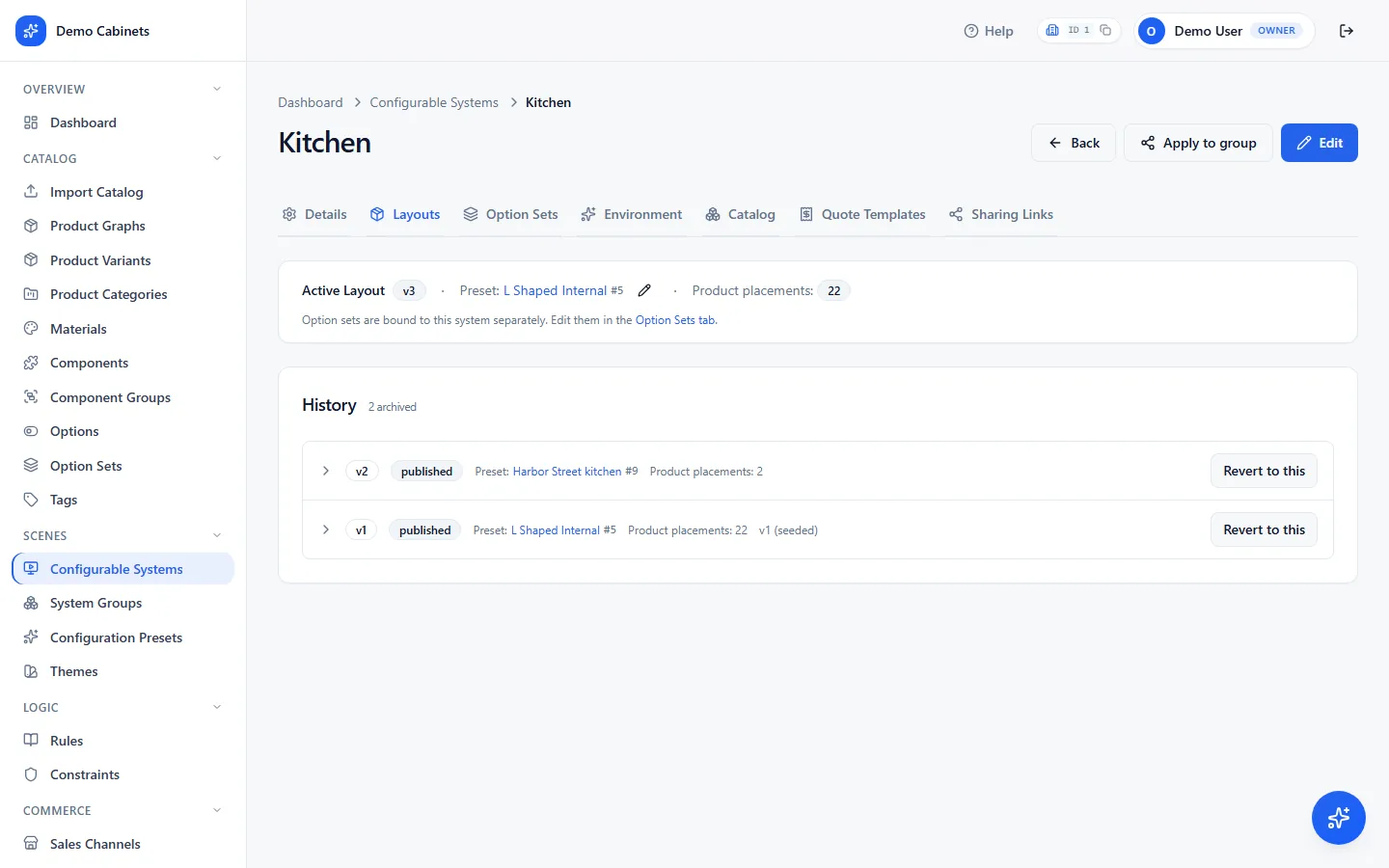 A configurable system open on its Layouts tab, showing the draft and the Publish button