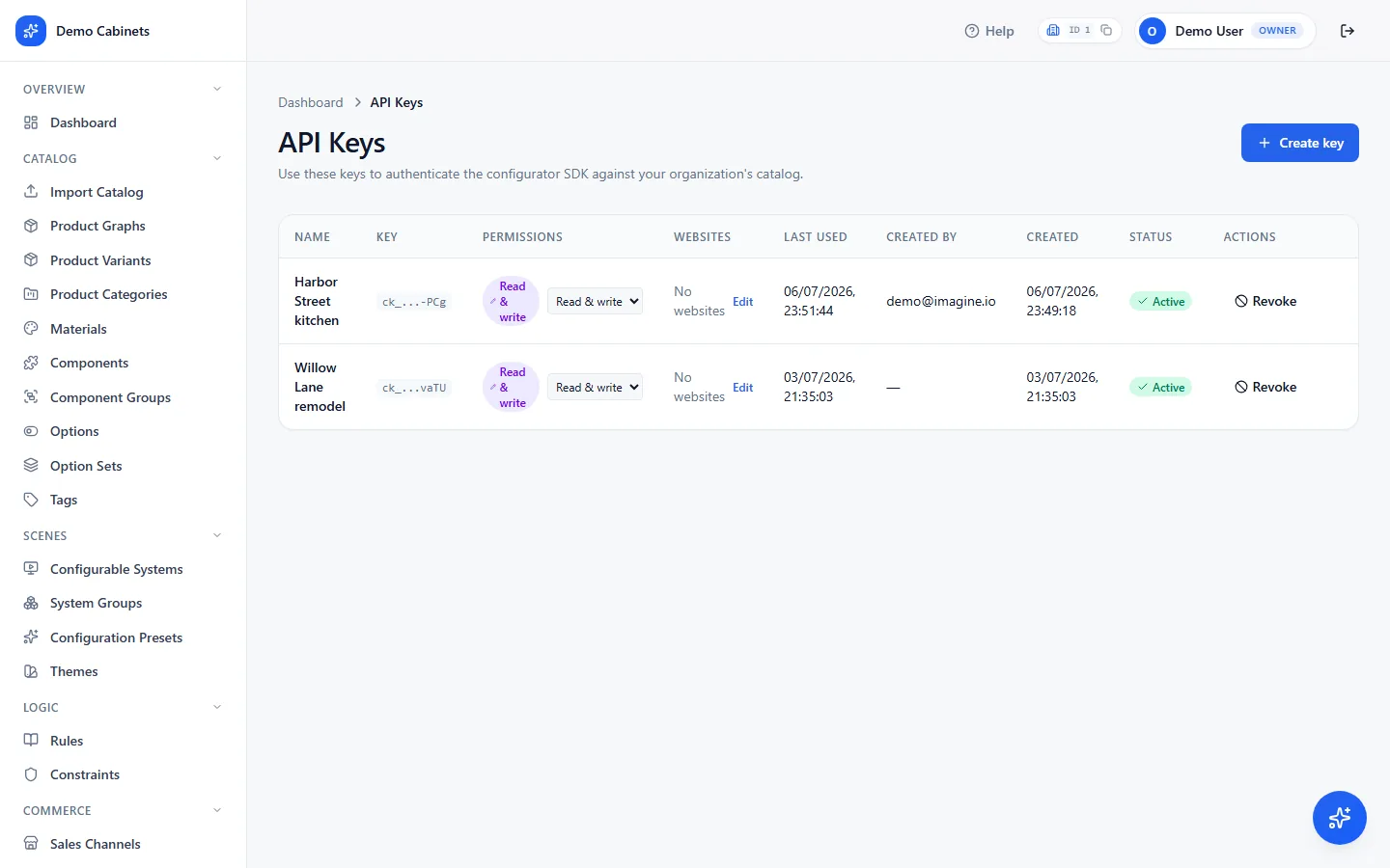 The API Keys page with a key listed, its value masked except for the last four characters