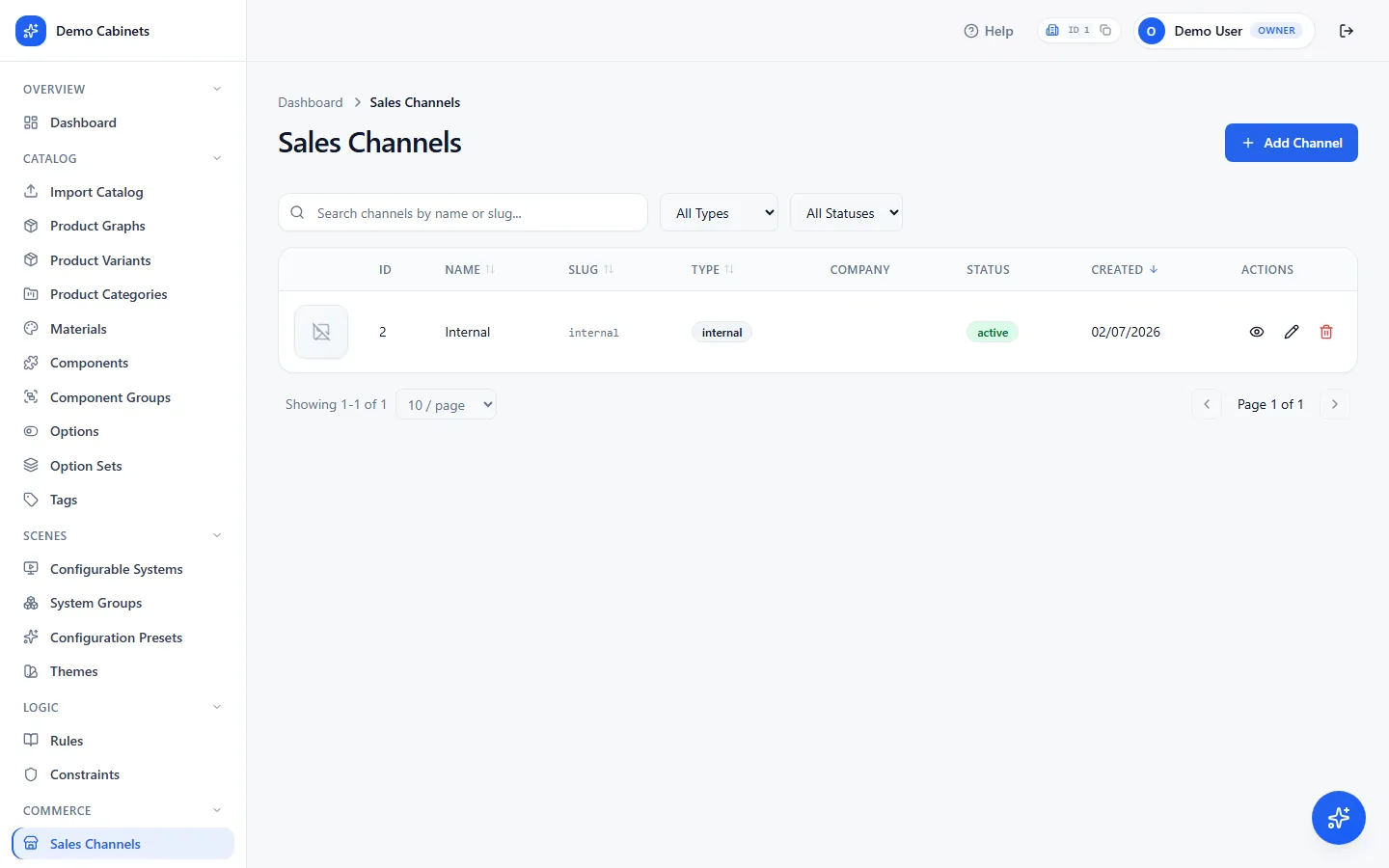 The Sales Channels list, each channel with its own prices and defaults