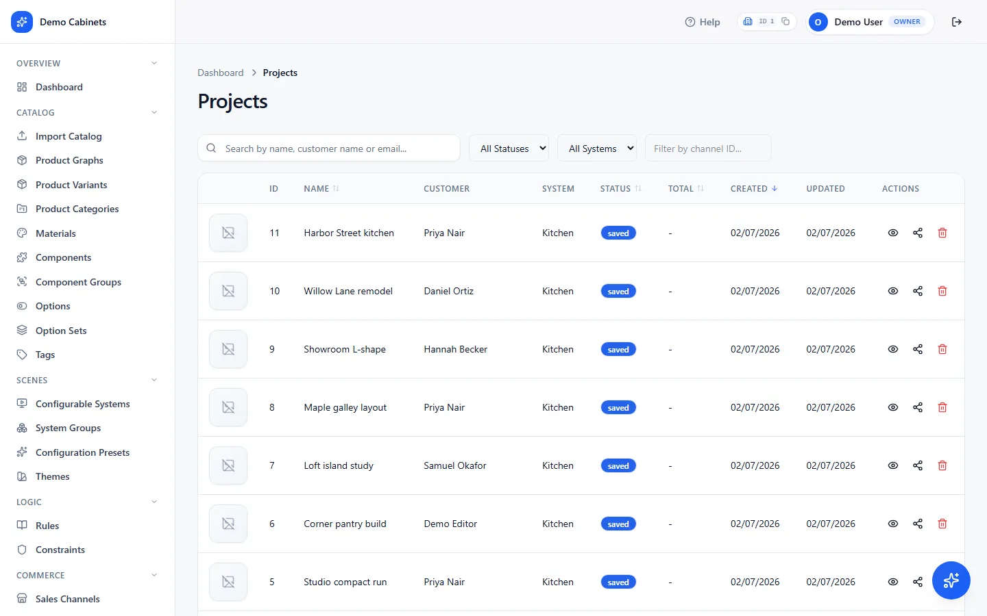 The Projects list of configurations shoppers have saved, with customer, system, status and total