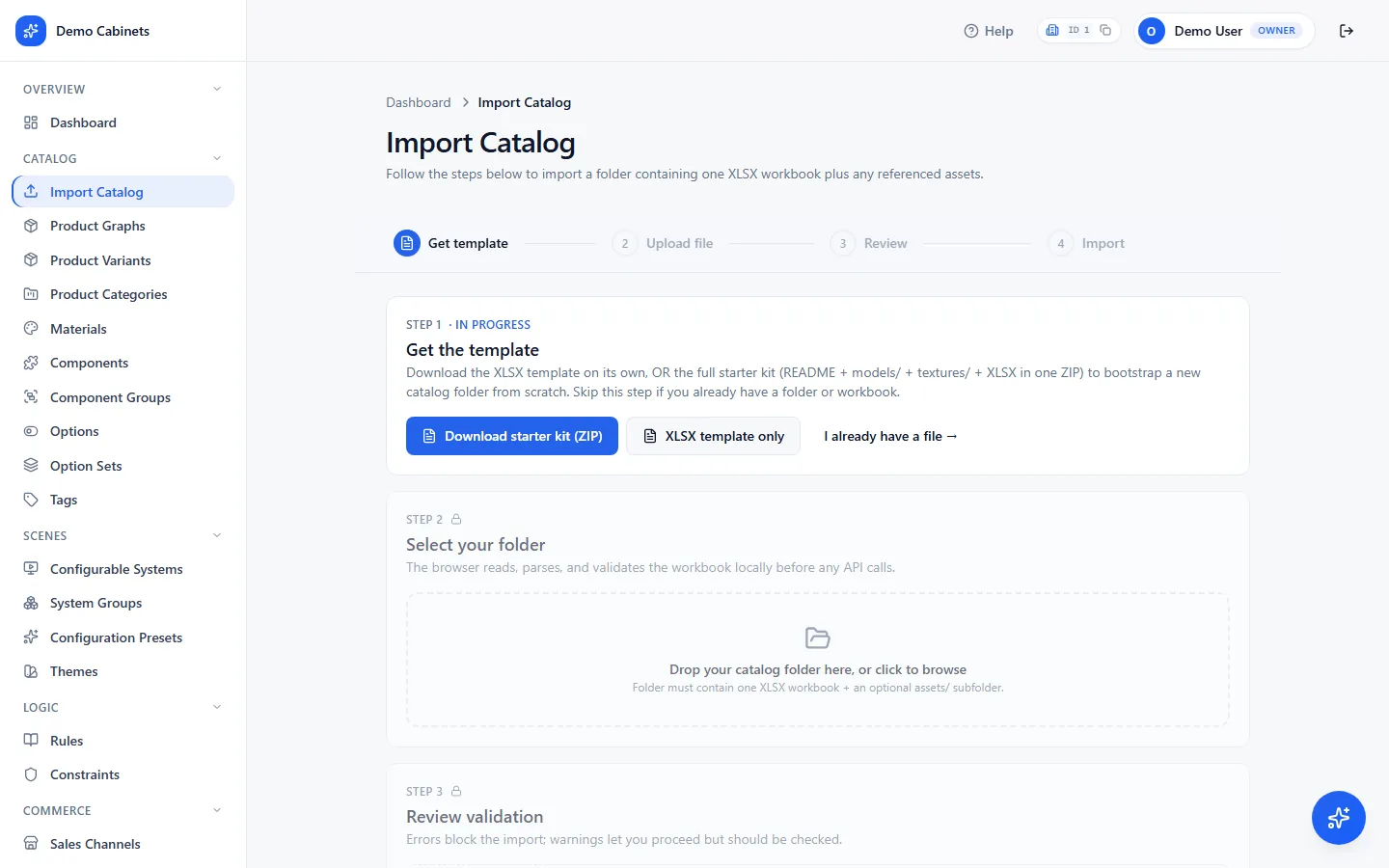 The Import Catalog upload step, accepting a spreadsheet, a zip or a whole folder