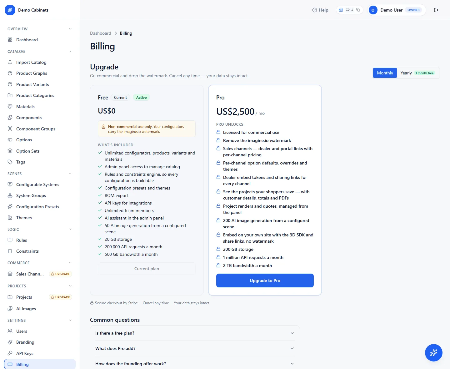 The Billing page showing the current plan card, what it includes, and the Change plan and Manage billing buttons
