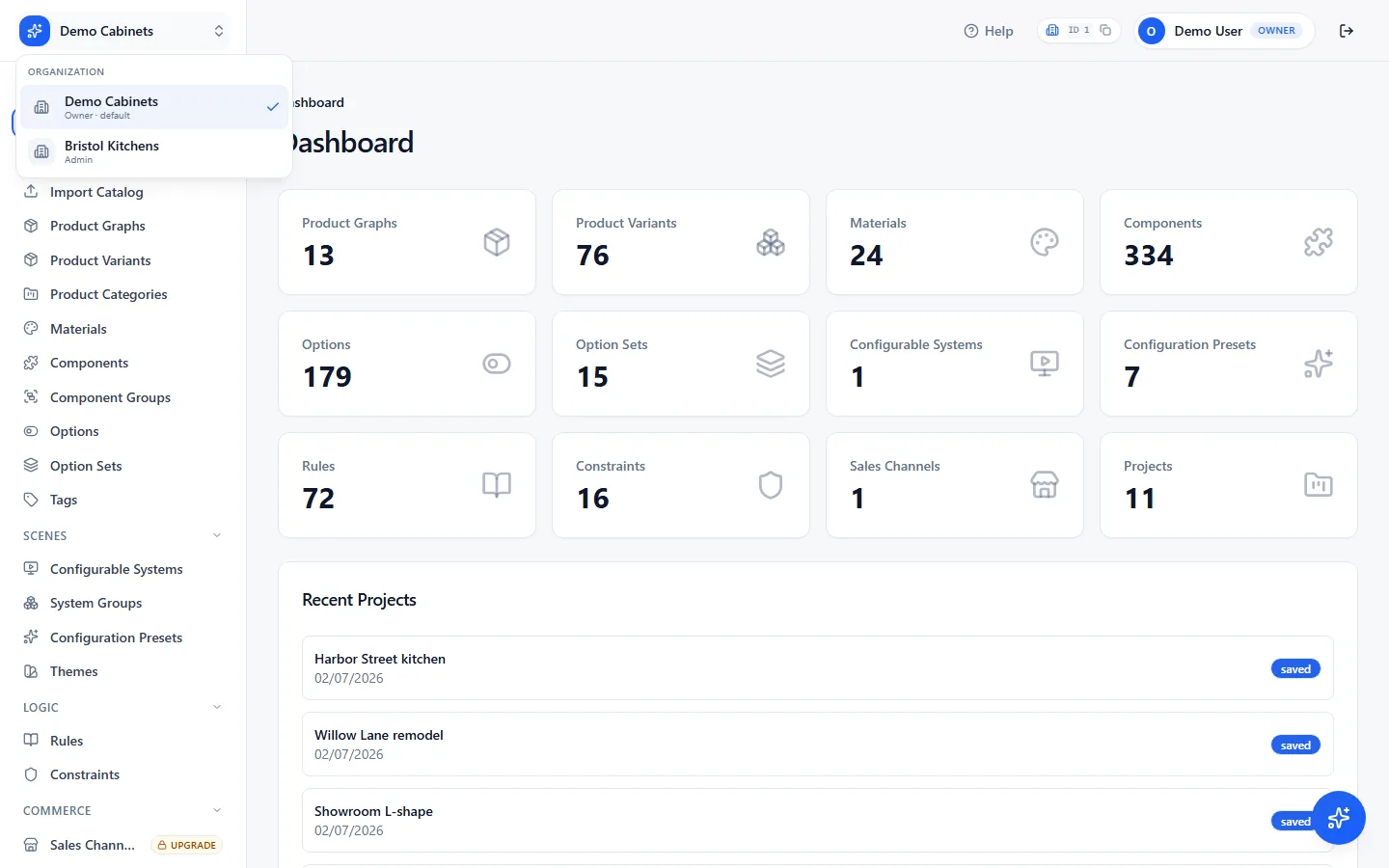 The workspace switcher open at the top left, listing the organizations this user belongs to