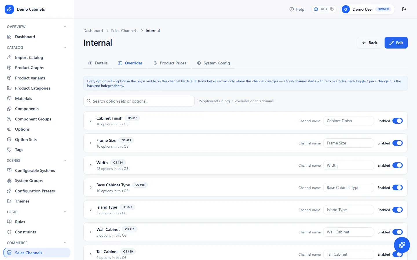 A sales channel open on its Overrides tab, showing channel-wide option defaults and a per-product override