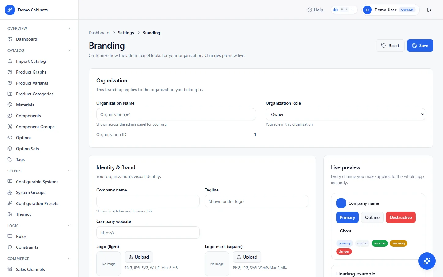 The Branding page, Identity & Brand section, with company name, logos and favicon