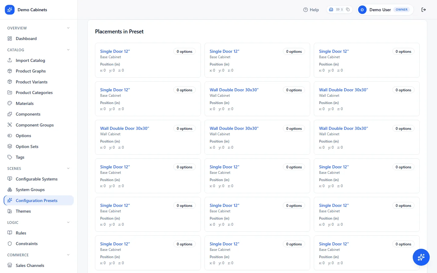 A configuration preset open on its Placements list, with product variants and their positions