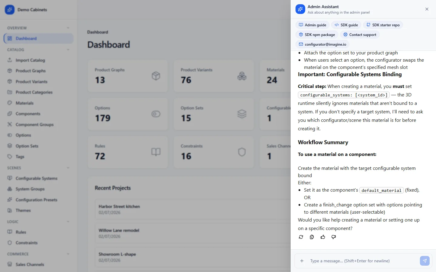 The Admin Assistant panel open on the right of the dashboard, with a question answered as steps and links