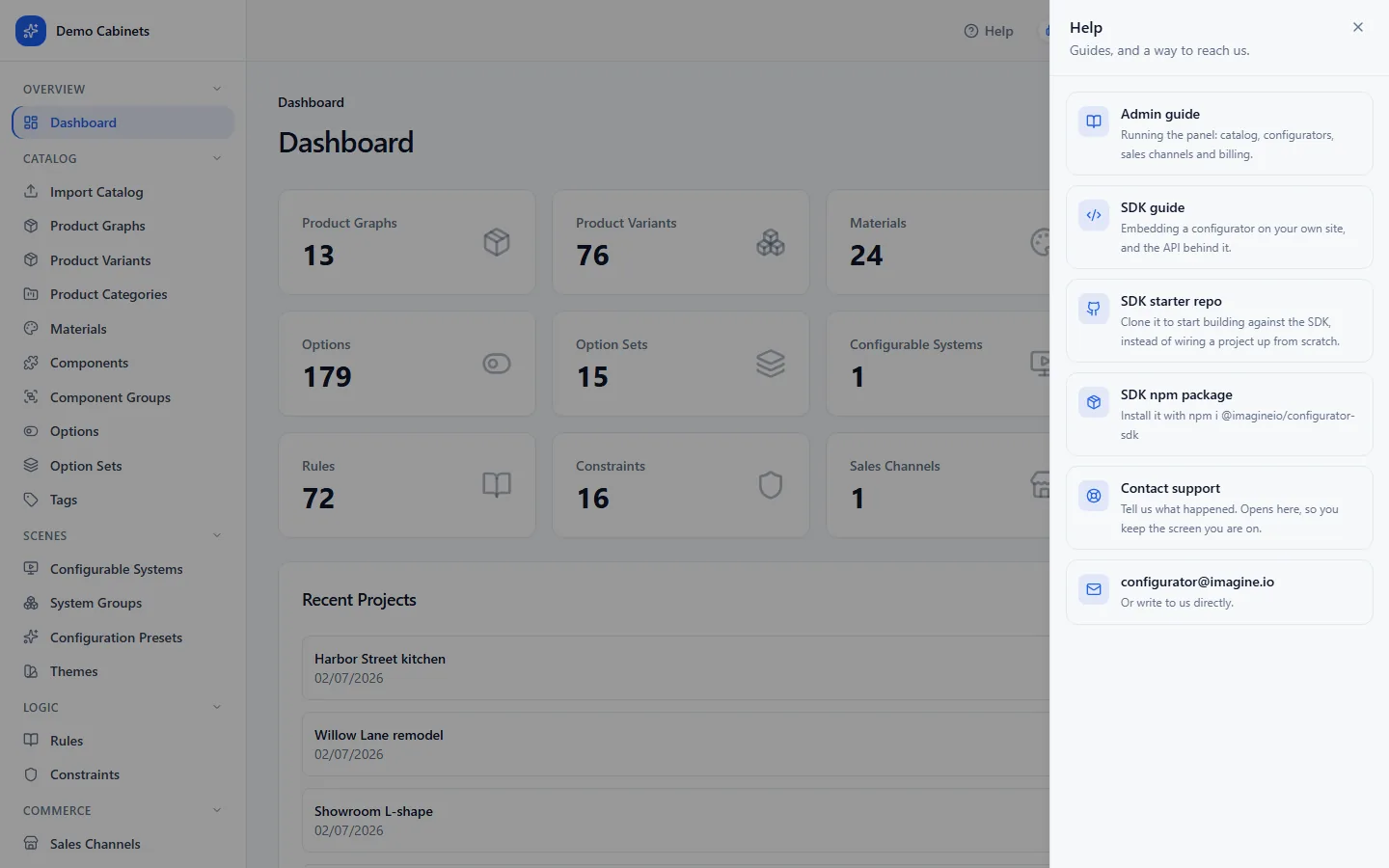 The Help drawer open on the right, listing the admin guide, SDK guide, SDK starter repo, npm package, Contact support and the support e-mail