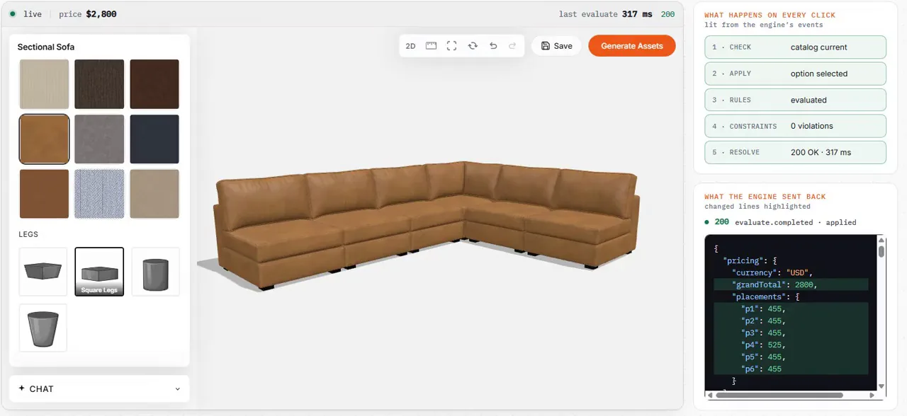 The engine demo: a sectional sofa configurator on the left, the engine’s response on the right