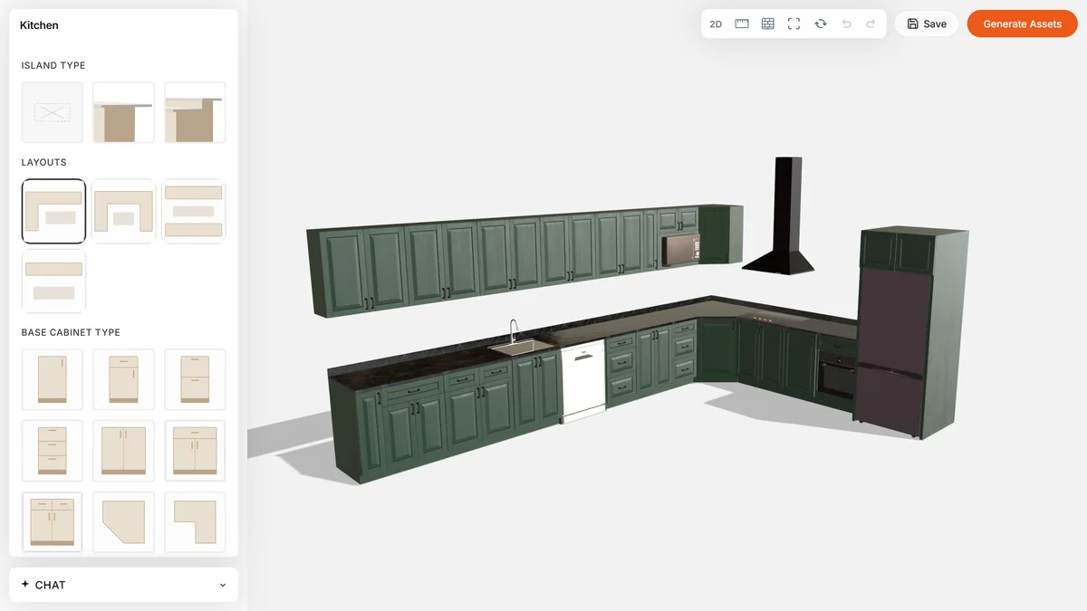 Kitchen configurator: layouts, base, wall and tall cabinets, finishes and appliances in 3D