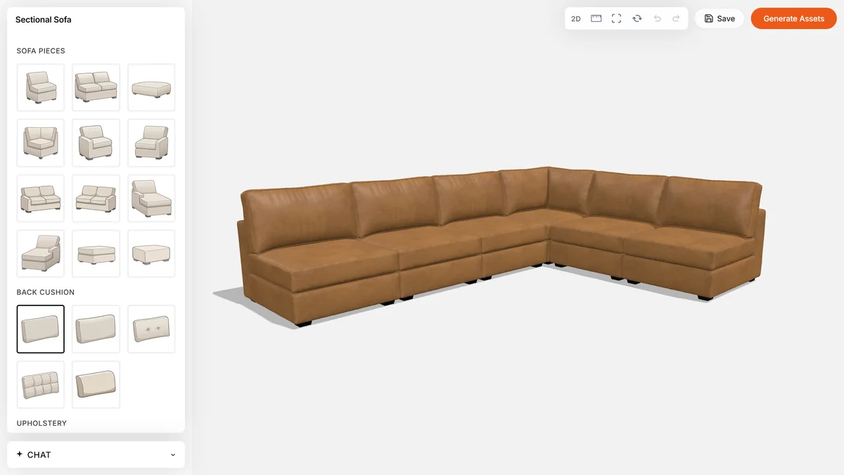 Sectional sofa configurator: an L-shaped leather sectional beside its option panel