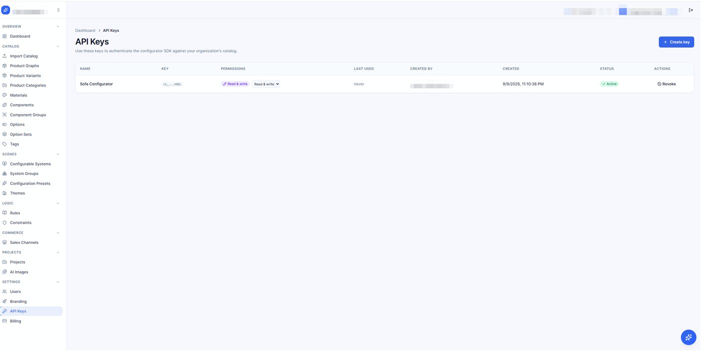 The API Keys page in the admin panel: one key listed with its masked value, a permission selector, status and a Revoke action