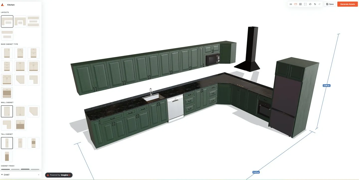 The SDK's default UI: option sidebar with layout and cabinet thumbnails, the scene toolbar with Save and Generate Assets, a live 3D kitchen with room dimensions, and the Powered by imagine.io mark